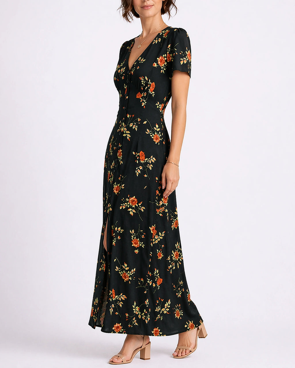 Women's V-Neck Floral Midi Dress with Short Sleeves, Button Front and Side Split – Mila Lou