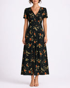 Women's V-Neck Floral Midi Dress with Short Sleeves, Button Front and Side Split – Mila Lou