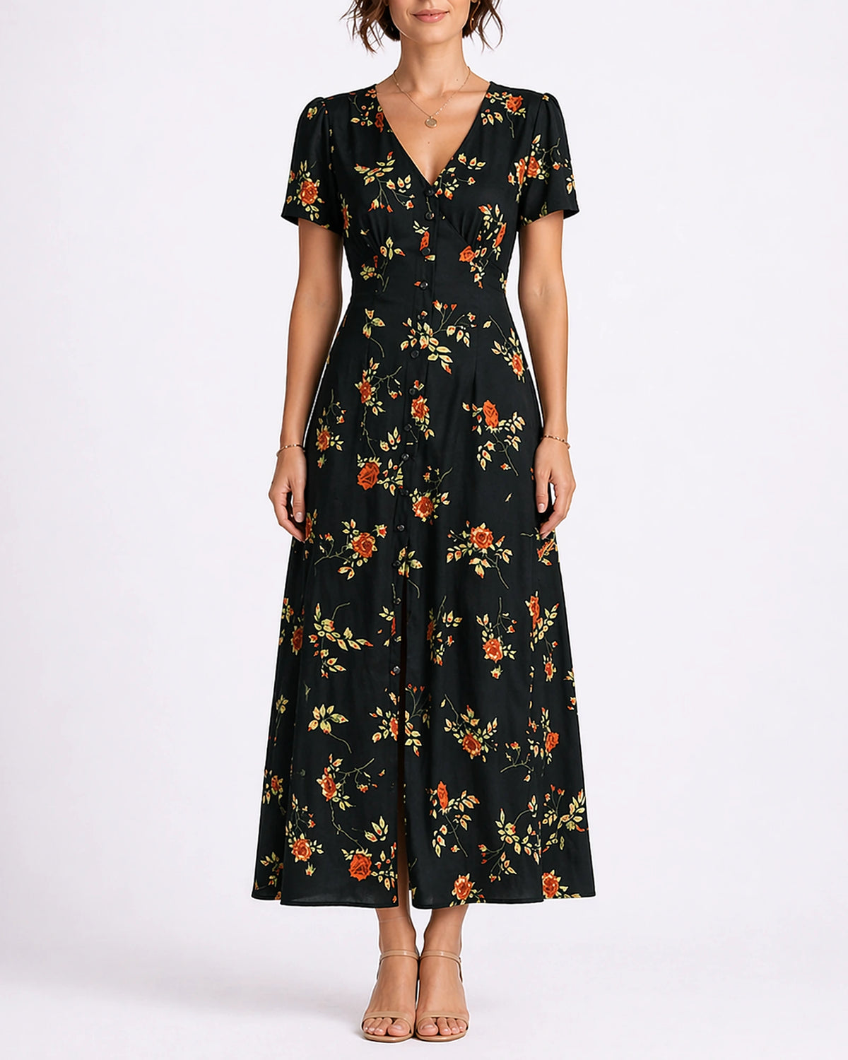 Women's V-Neck Floral Midi Dress with Short Sleeves, Button Front and Side Split – Mila Lou