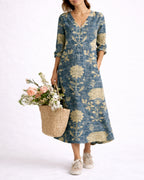 Women's Linen Floral Midi Dress with V-Neck and Three-Quarter Sleeves, Side Pockets – Celeste Grey