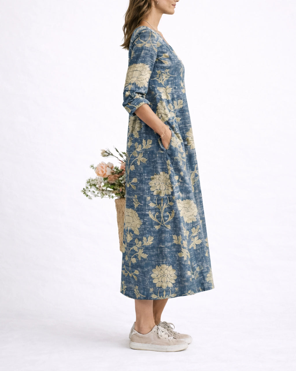 Women's Linen Floral Midi Dress with V-Neck and Three-Quarter Sleeves, Side Pockets – Celeste Grey
