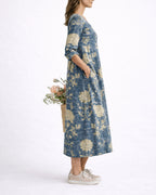 Women's Linen Floral Midi Dress with V-Neck and Three-Quarter Sleeves, Side Pockets – Celeste Grey