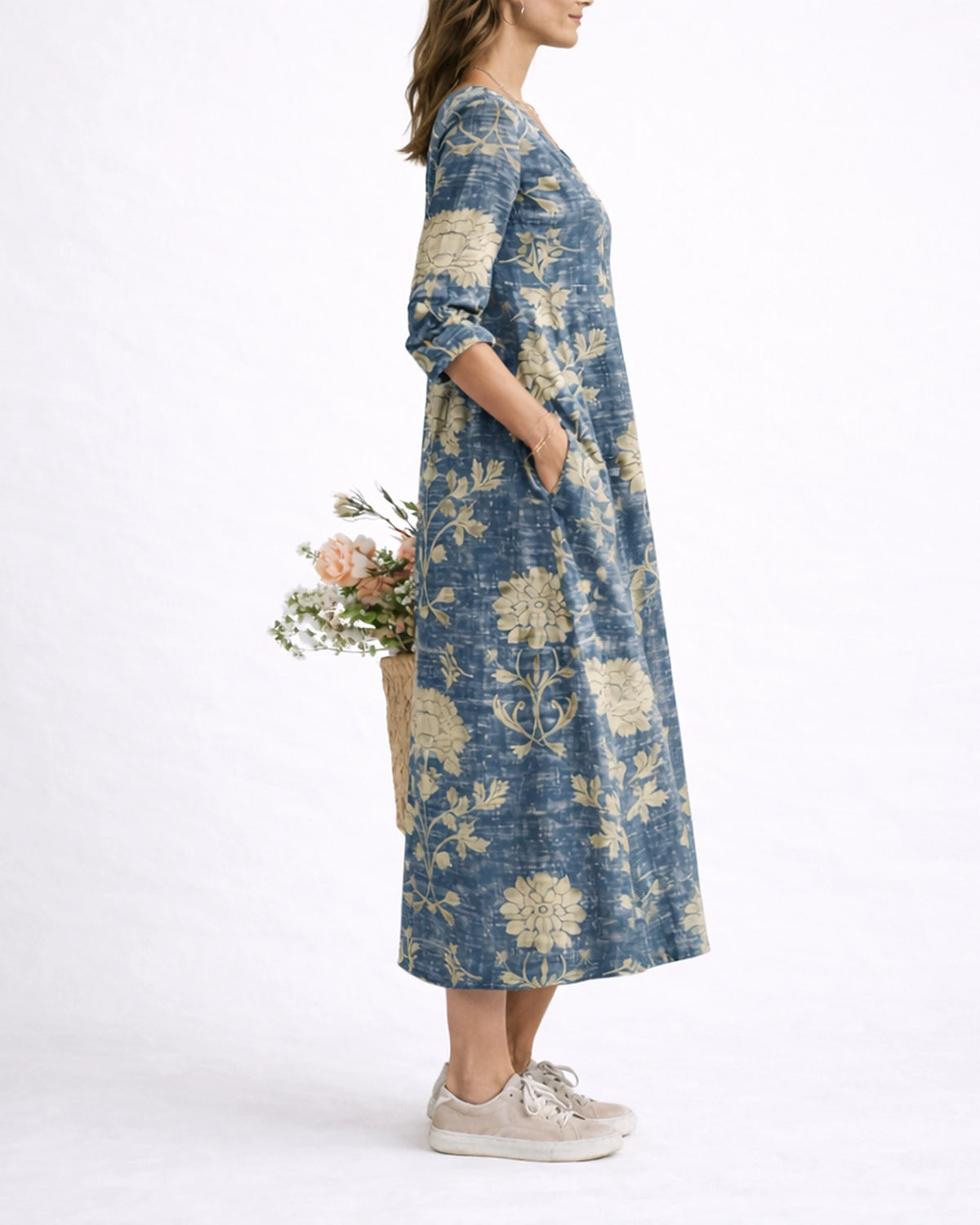 Women's Linen Floral Midi Dress with V-Neck and Three-Quarter Sleeves, Side Pockets – Celeste Grey