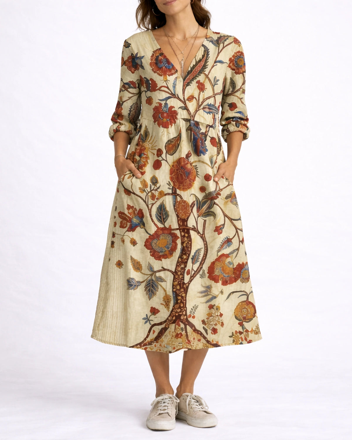 Women's Linen Floral Midi Dress with V-Neck and Three-Quarter Sleeves, Side Pockets – Celeste Grey