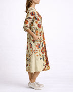 Women's Linen Floral Midi Dress with V-Neck and Three-Quarter Sleeves, Side Pockets – Celeste Grey