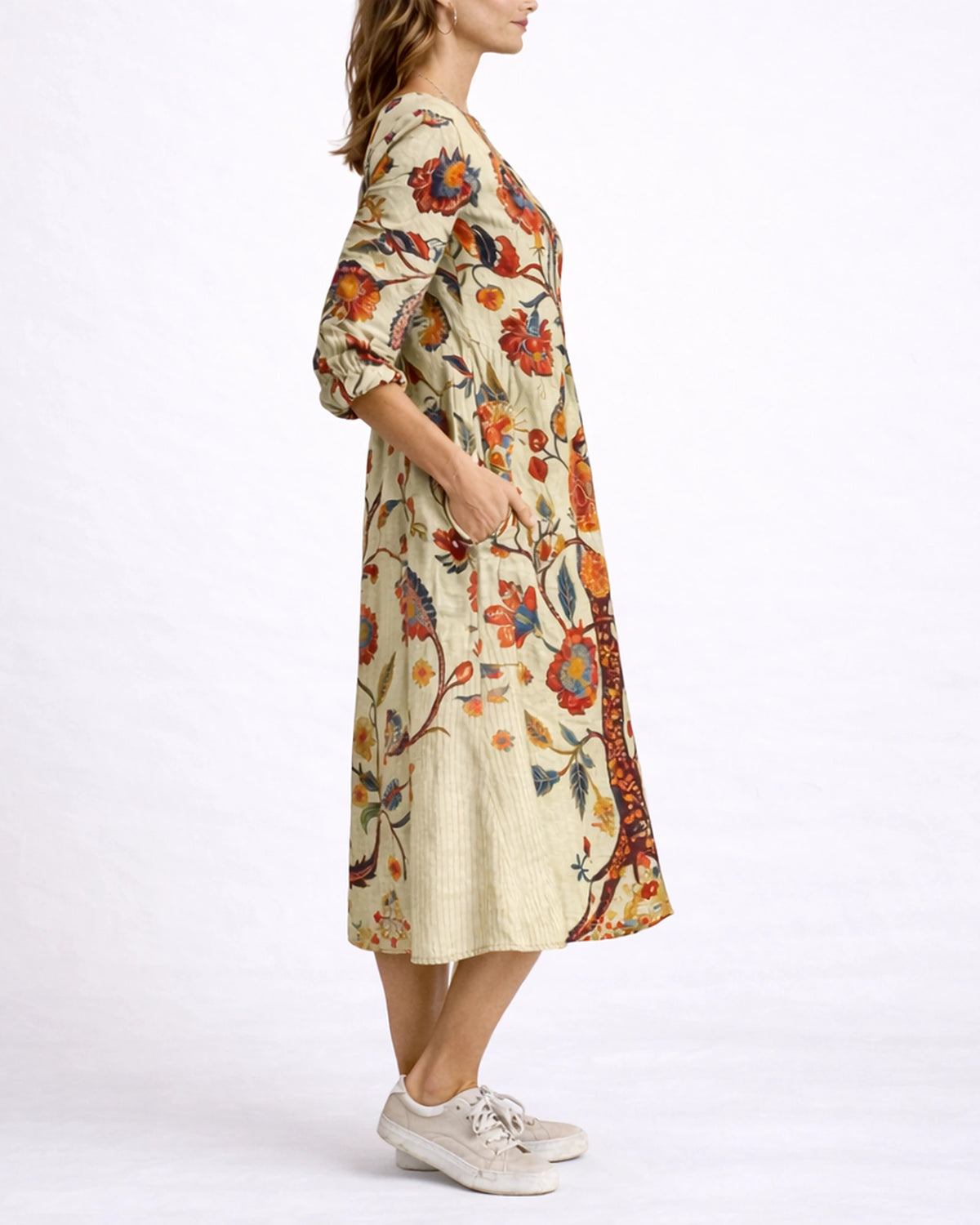 Women's Linen Floral Midi Dress with V-Neck and Three-Quarter Sleeves, Side Pockets – Celeste Grey