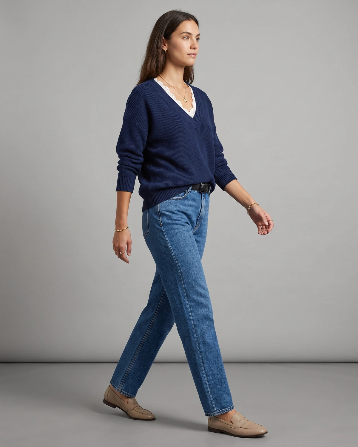 Women's V-Neck Knit Jumper with Lace Trim and Scalloped Lace Edging – Pippa Mae