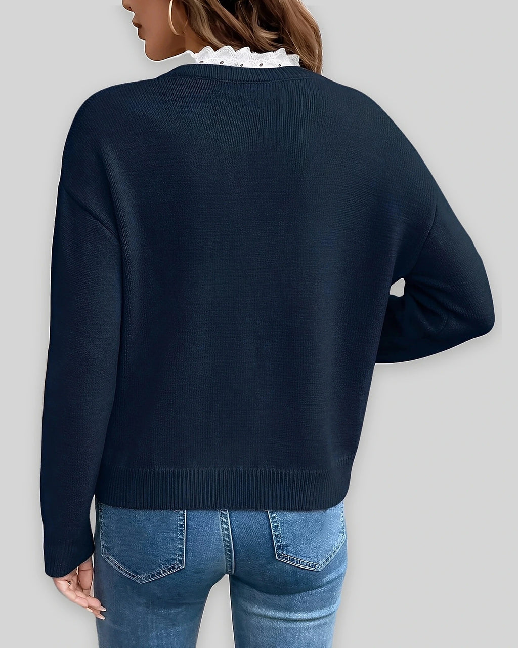 Women's V-Neck Knit Jumper with Lace Trim and Scalloped Lace Edging – Pippa Mae