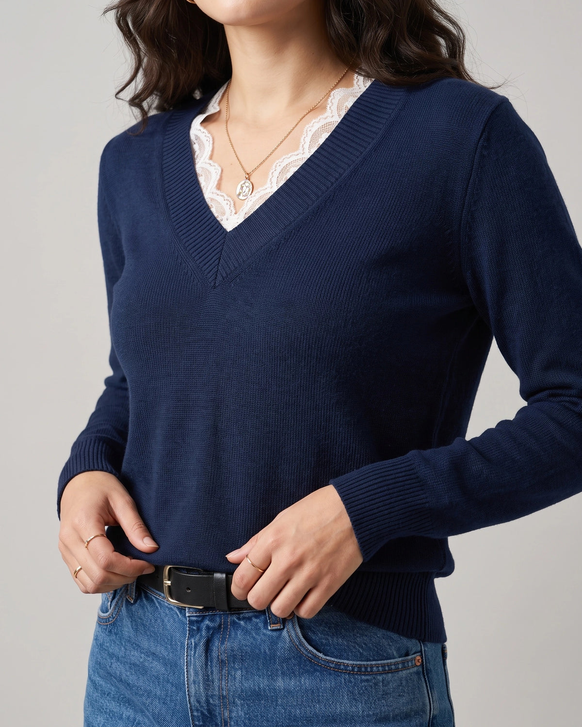 Women's V-Neck Knit Jumper with Lace Trim and Scalloped Lace Edging – Pippa Mae