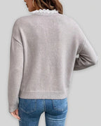 Women's V-Neck Knit Jumper with Lace Trim and Scalloped Lace Edging – Pippa Mae