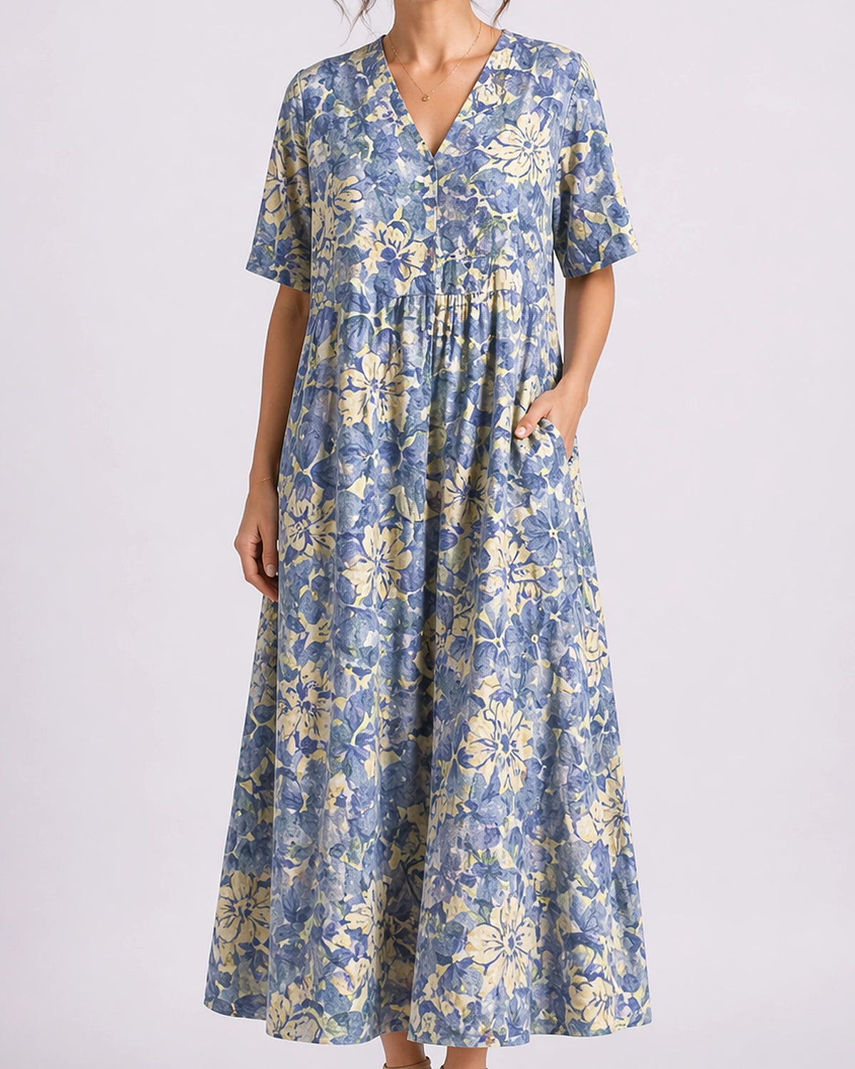 Women's Floral Summer Midi Dress with V-Neck, Short Sleeves and Side Pockets – Amelie Jane