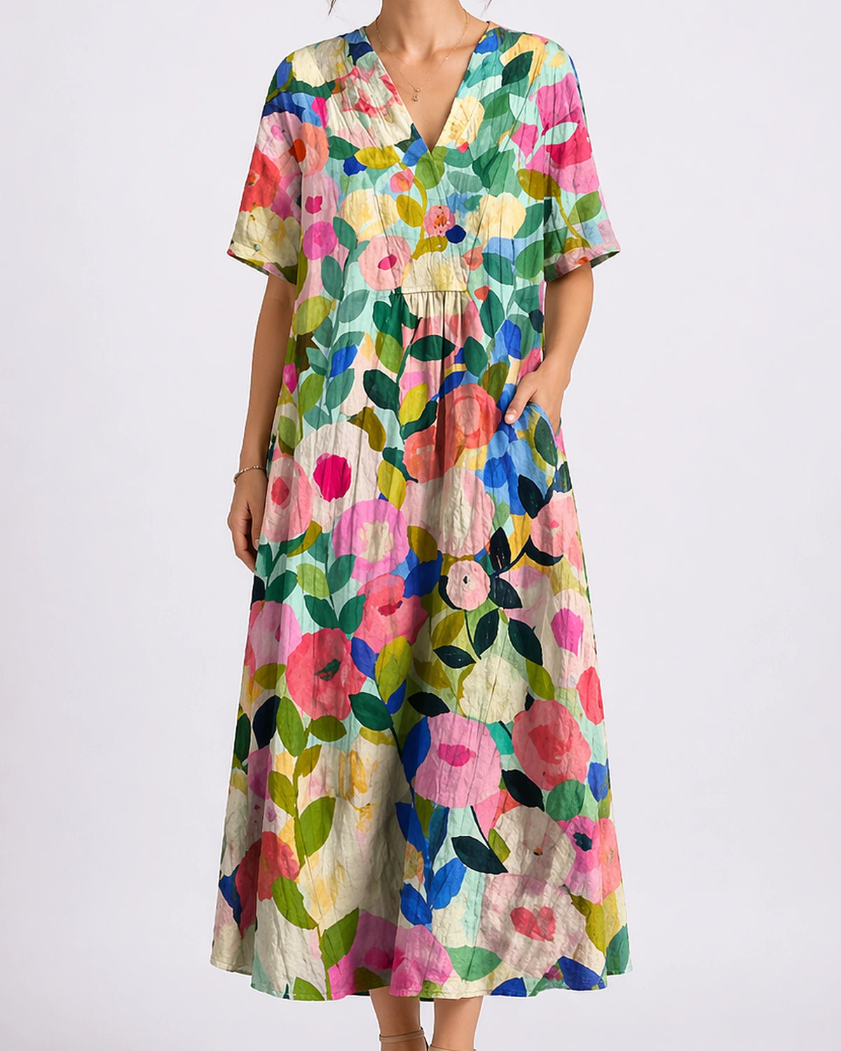 Women's Floral Summer Midi Dress with V-Neck, Short Sleeves and Side Pockets – Amelie Jane