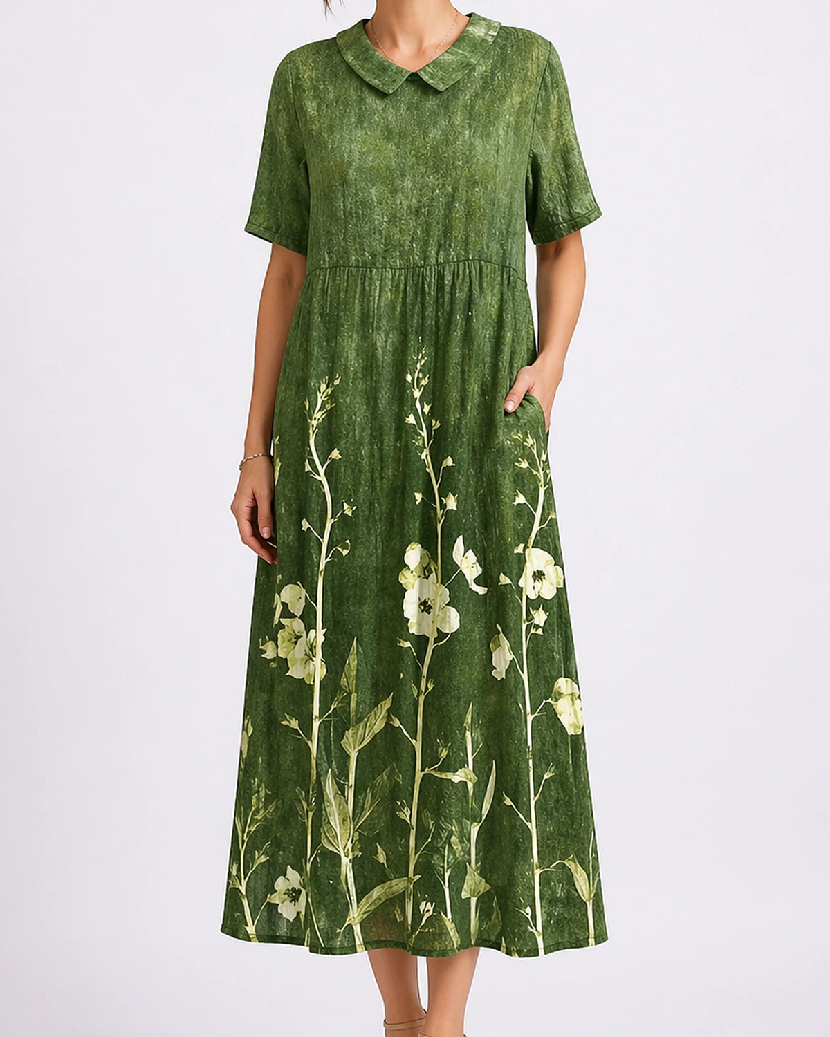 Women's Floral Summer Midi Dress with V-Neck, Short Sleeves and Side Pockets – Amelie Jane