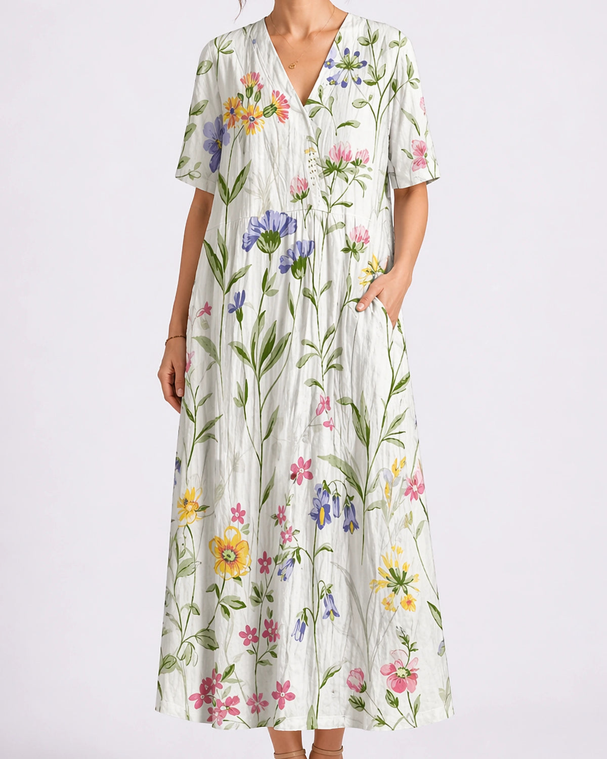 Women's Floral Summer Midi Dress with V-Neck, Short Sleeves and Side Pockets – Amelie Jane