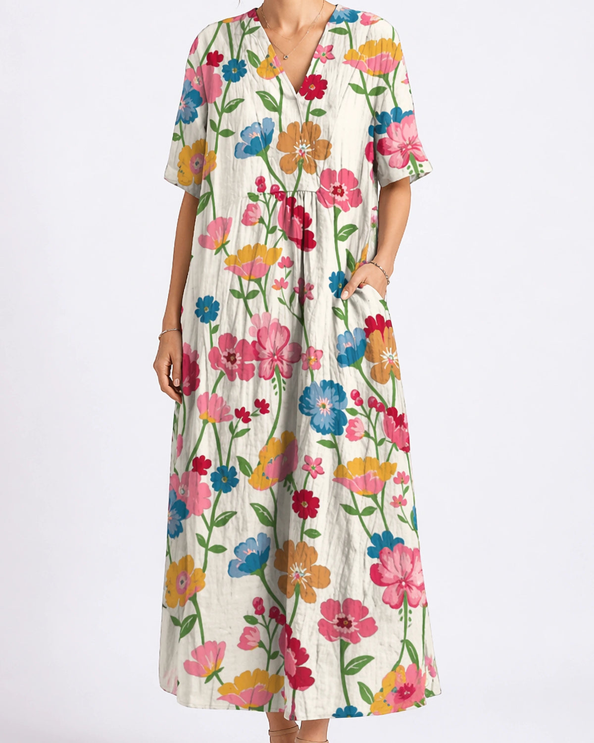 Women's Floral Summer Midi Dress with V-Neck, Short Sleeves and Side Pockets – Amelie Jane