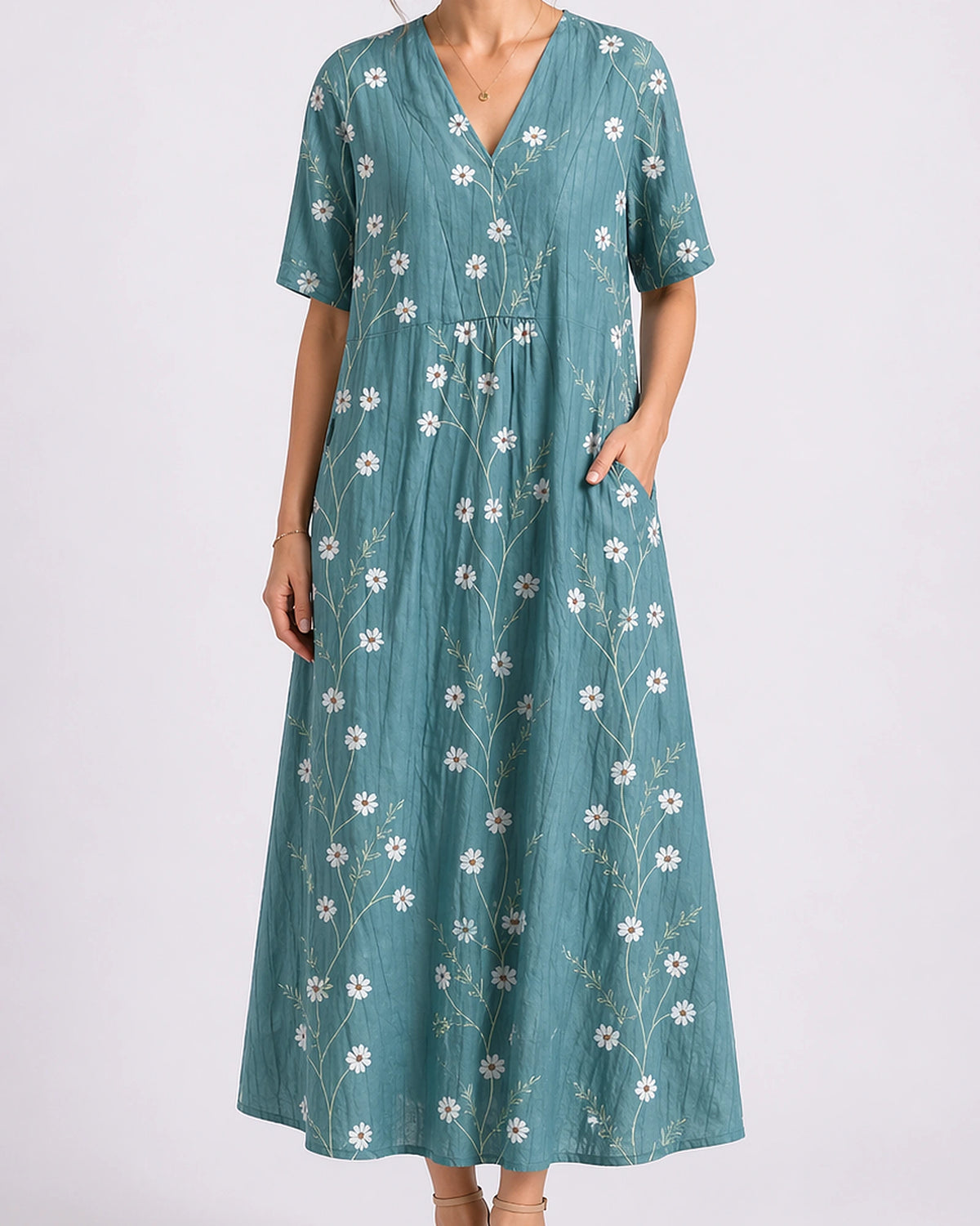 Women's Floral Summer Midi Dress with V-Neck, Short Sleeves and Side Pockets – Amelie Jane