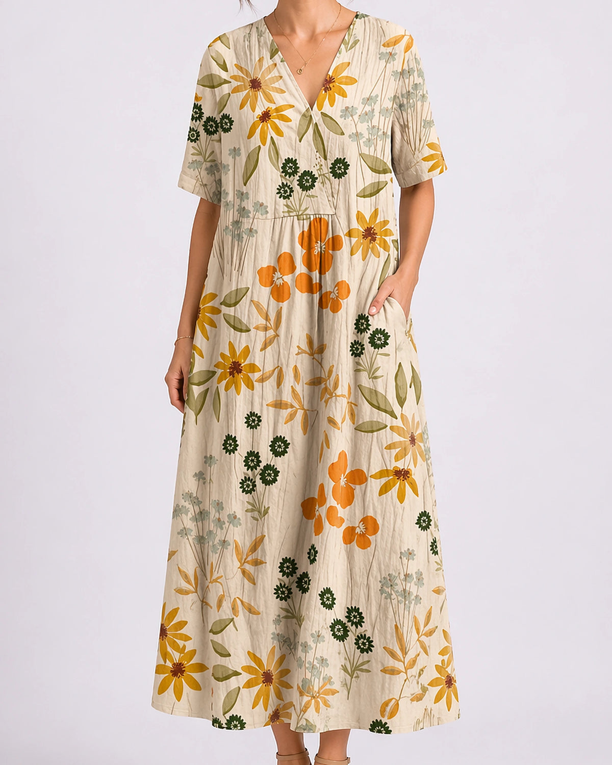 Women's Floral Summer Midi Dress with V-Neck, Short Sleeves and Side Pockets – Amelie Jane