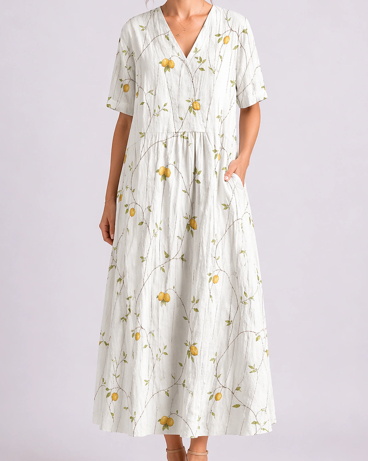 Women's Floral Summer Midi Dress with V-Neck, Short Sleeves and Side Pockets – Amelie Jane