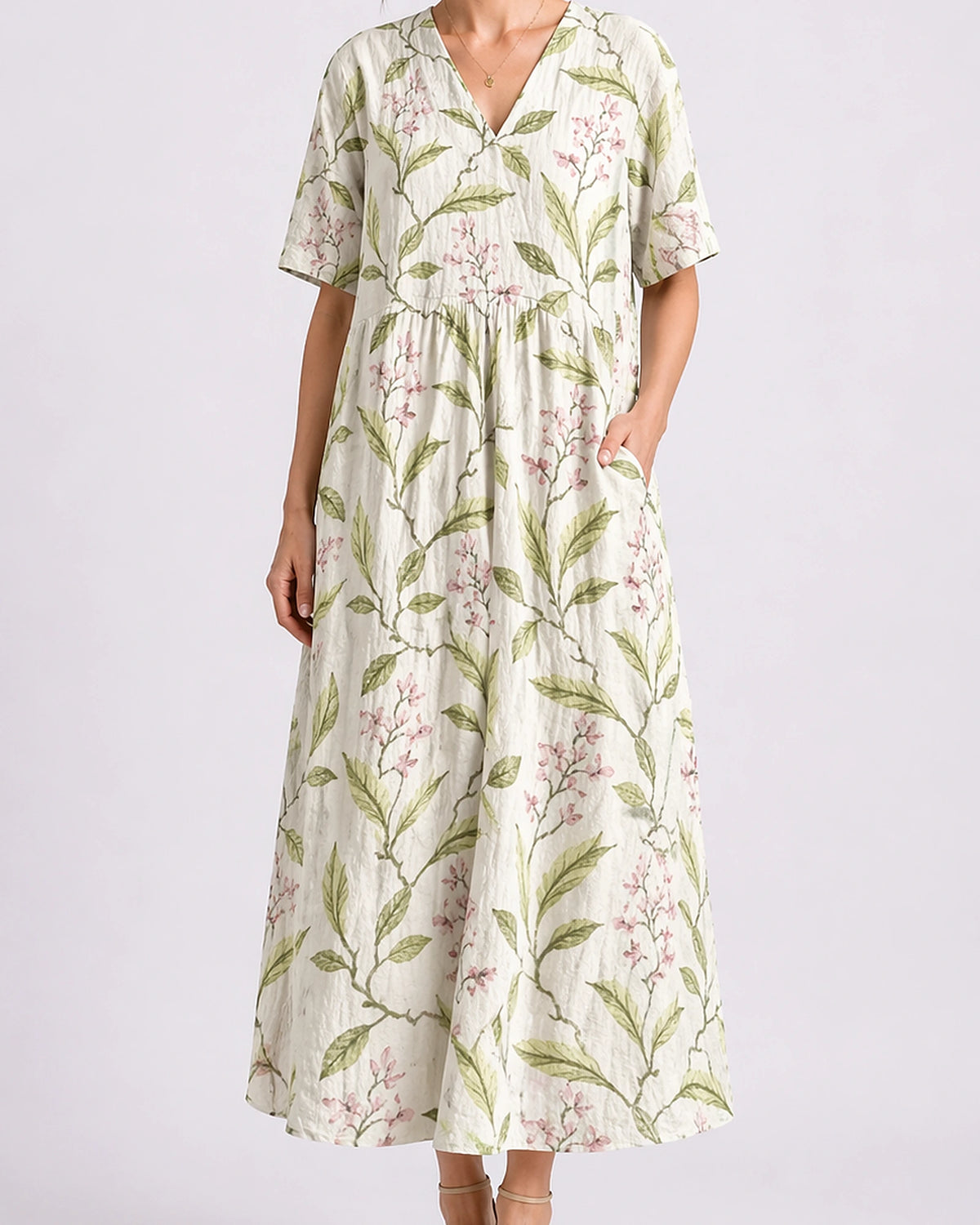 Women's Floral Summer Midi Dress with V-Neck, Short Sleeves and Side Pockets – Amelie Jane