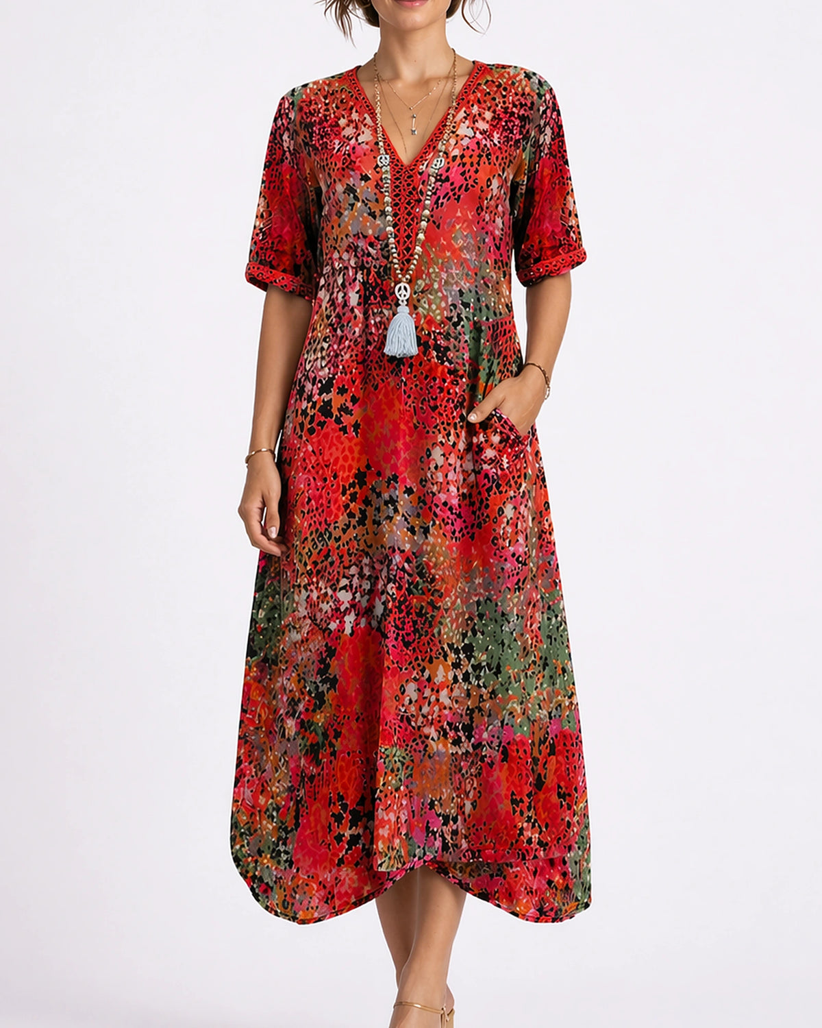 Women's Summer Floral Midi Dress with V-Neck and Side Pockets, Short Sleeve – Lena Mae