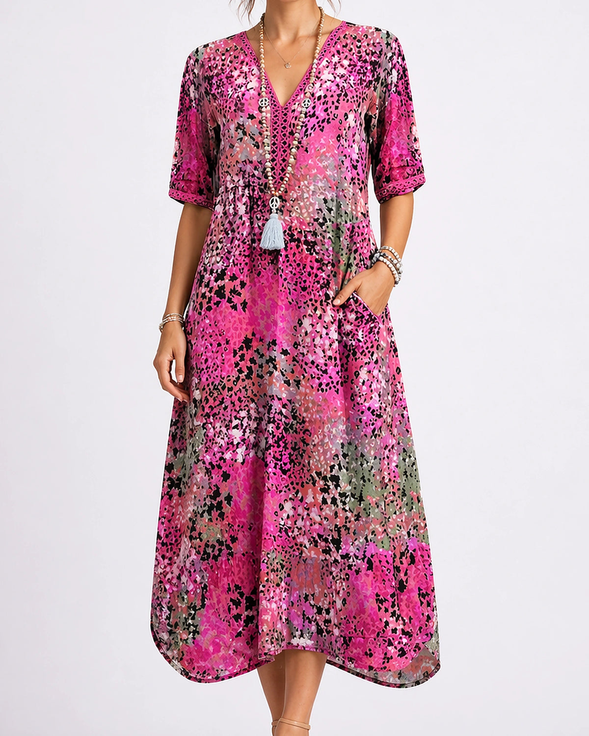 Women's Summer Floral Midi Dress with V-Neck and Side Pockets, Short Sleeve – Lena Mae