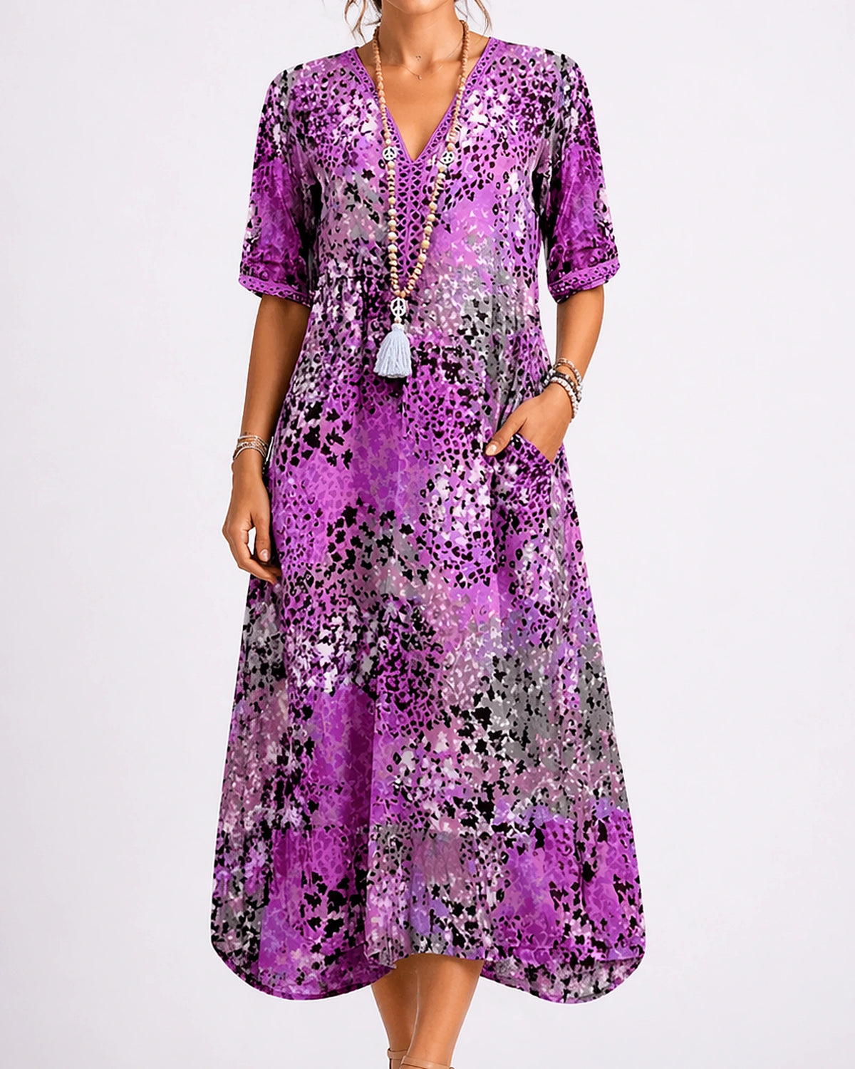 Women's Summer Floral Midi Dress with V-Neck and Side Pockets, Short Sleeve – Lena Mae