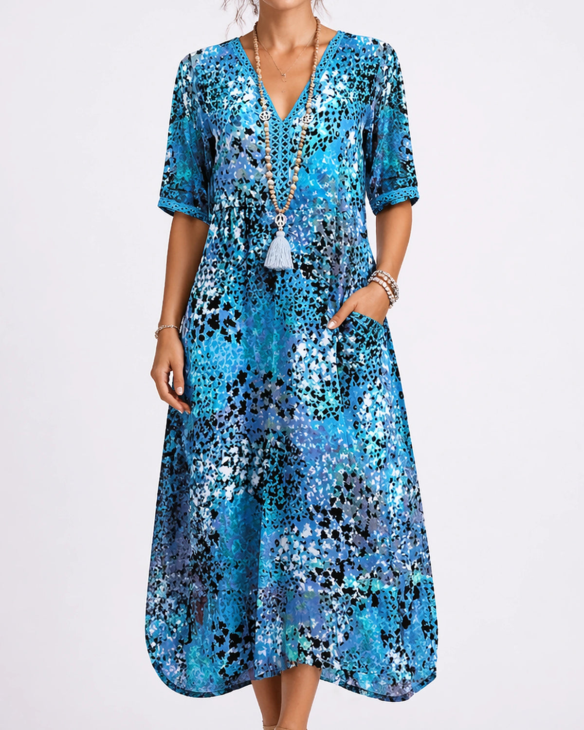 Women's Summer Floral Midi Dress with V-Neck and Side Pockets, Short Sleeve – Lena Mae
