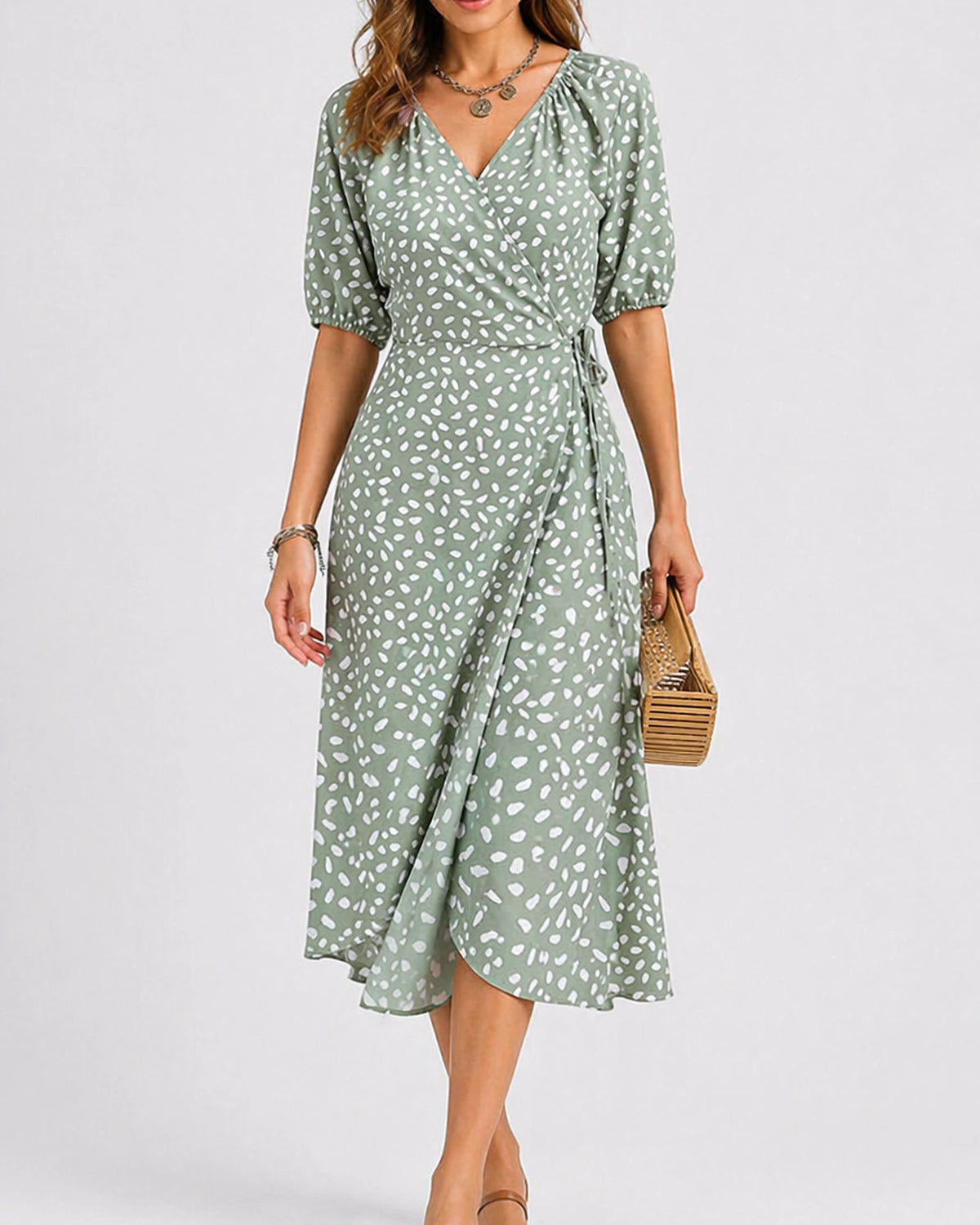 Women's V-Neck Short Sleeve Wrap Midi Dress with Abstract Print – Nora Mae