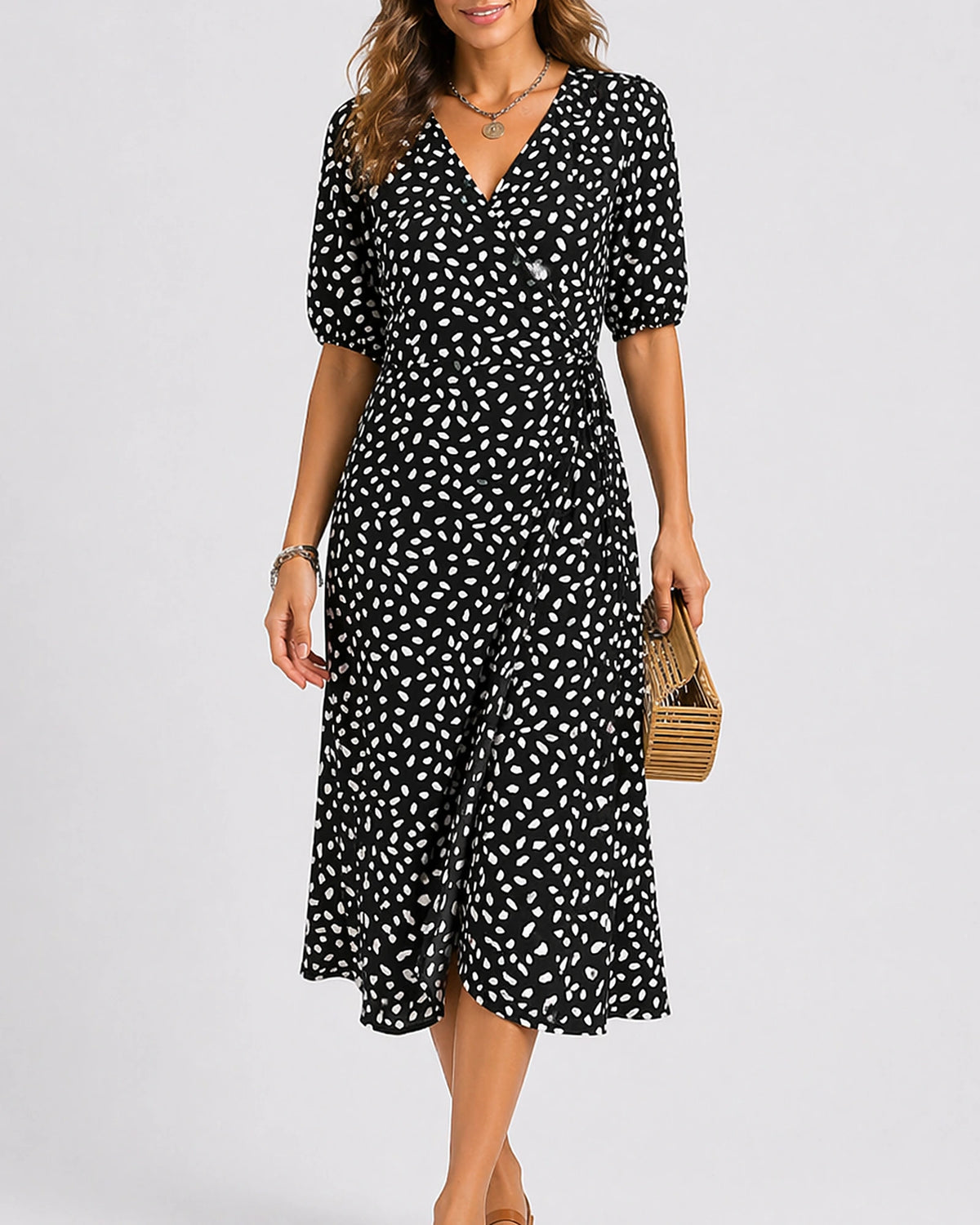 Women's V-Neck Short Sleeve Wrap Midi Dress with Abstract Print – Nora Mae