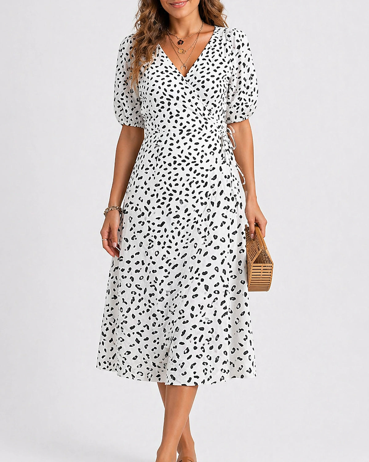 Women's V-Neck Short Sleeve Wrap Midi Dress with Abstract Print – Nora Mae