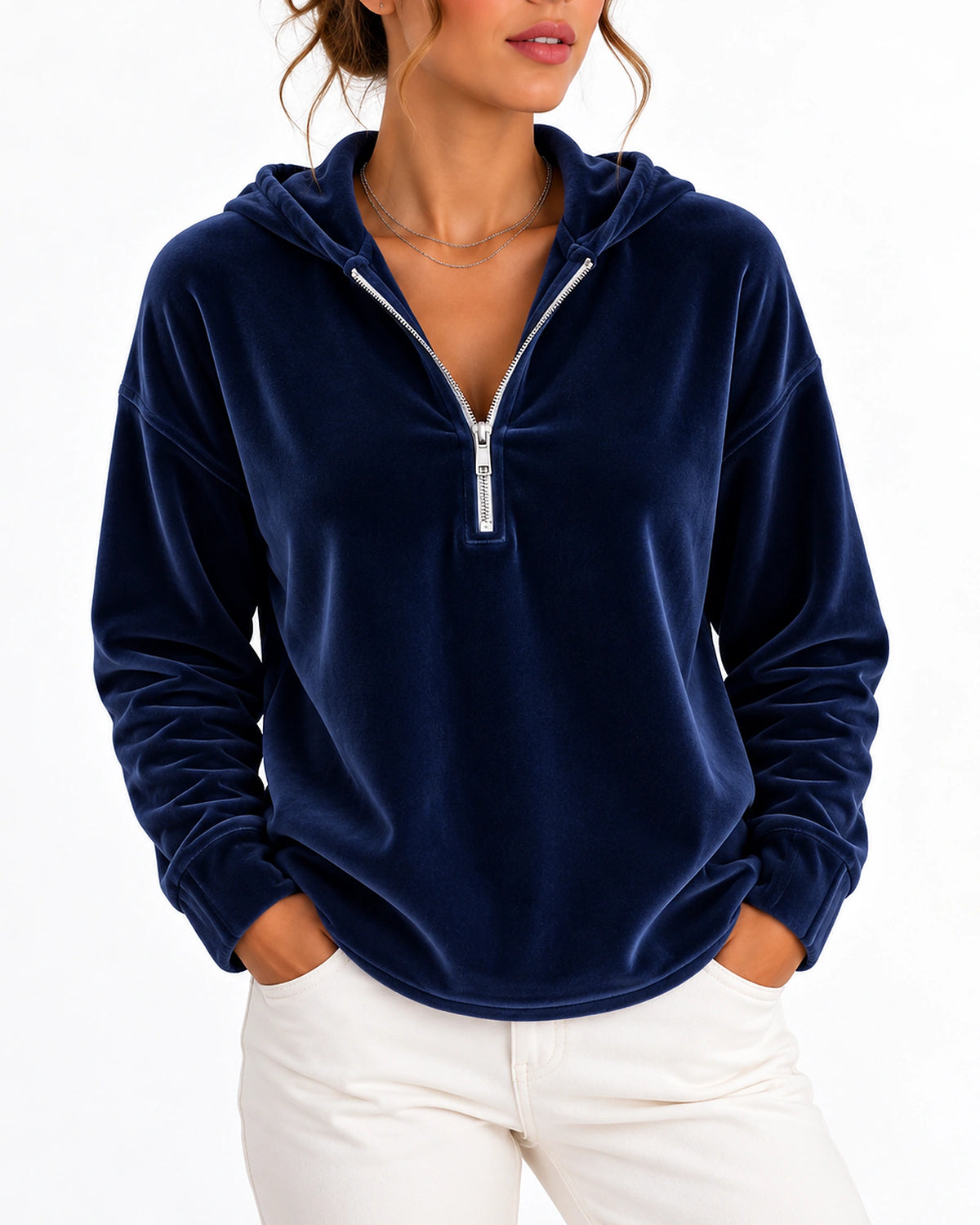 Women's Hoodie in Velvet with Quarter Zip and Long Sleeves, Curved Hem – Mila