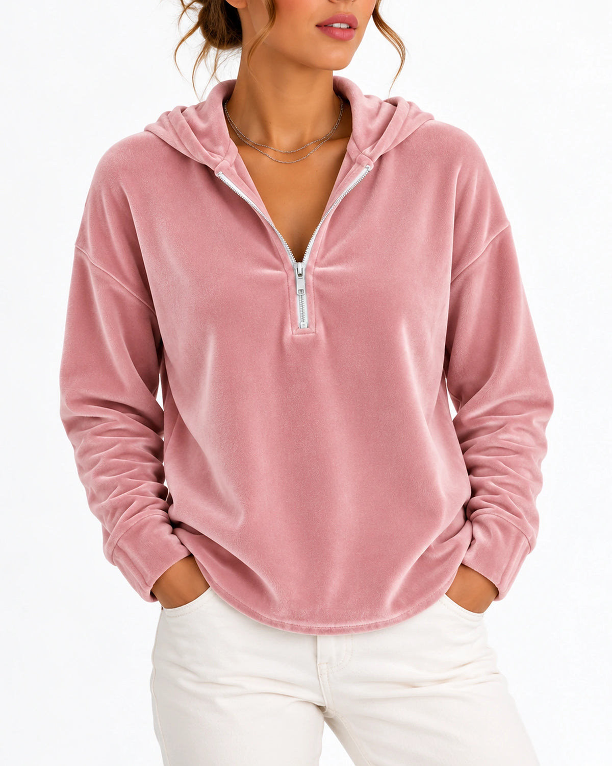 Women's Hoodie in Velvet with Quarter Zip and Long Sleeves, Curved Hem – Mila
