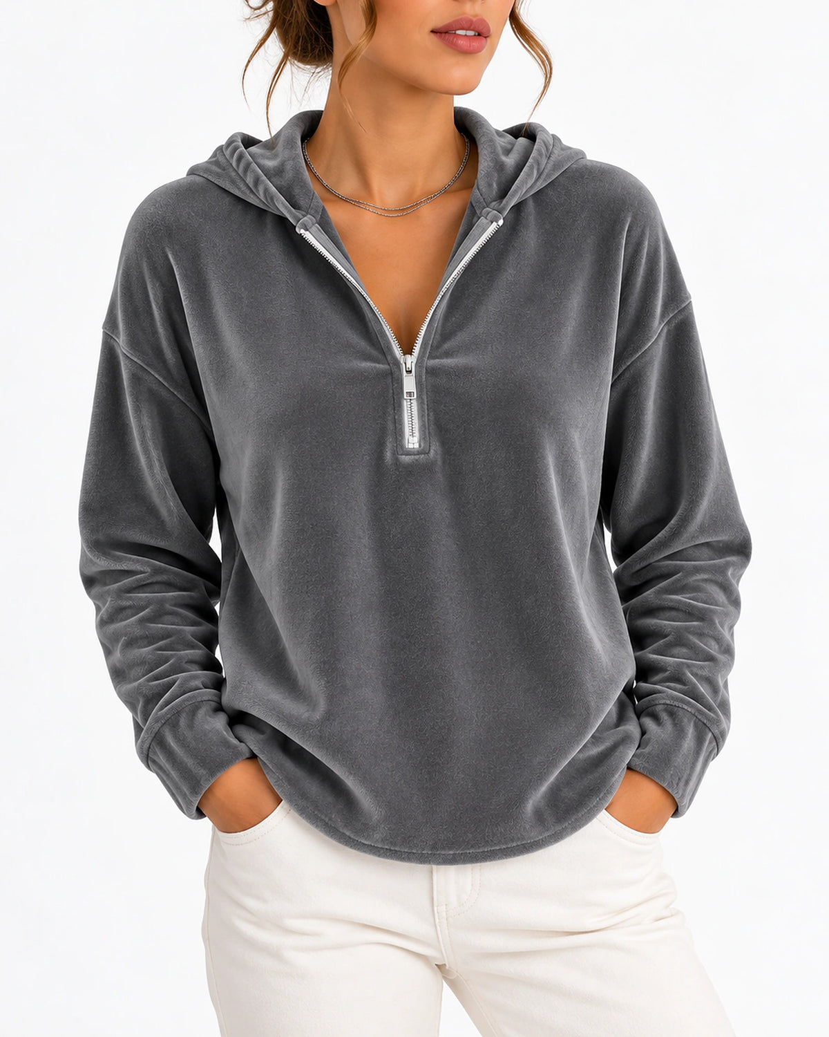 Women's Hoodie in Velvet with Quarter Zip and Long Sleeves, Curved Hem – Mila