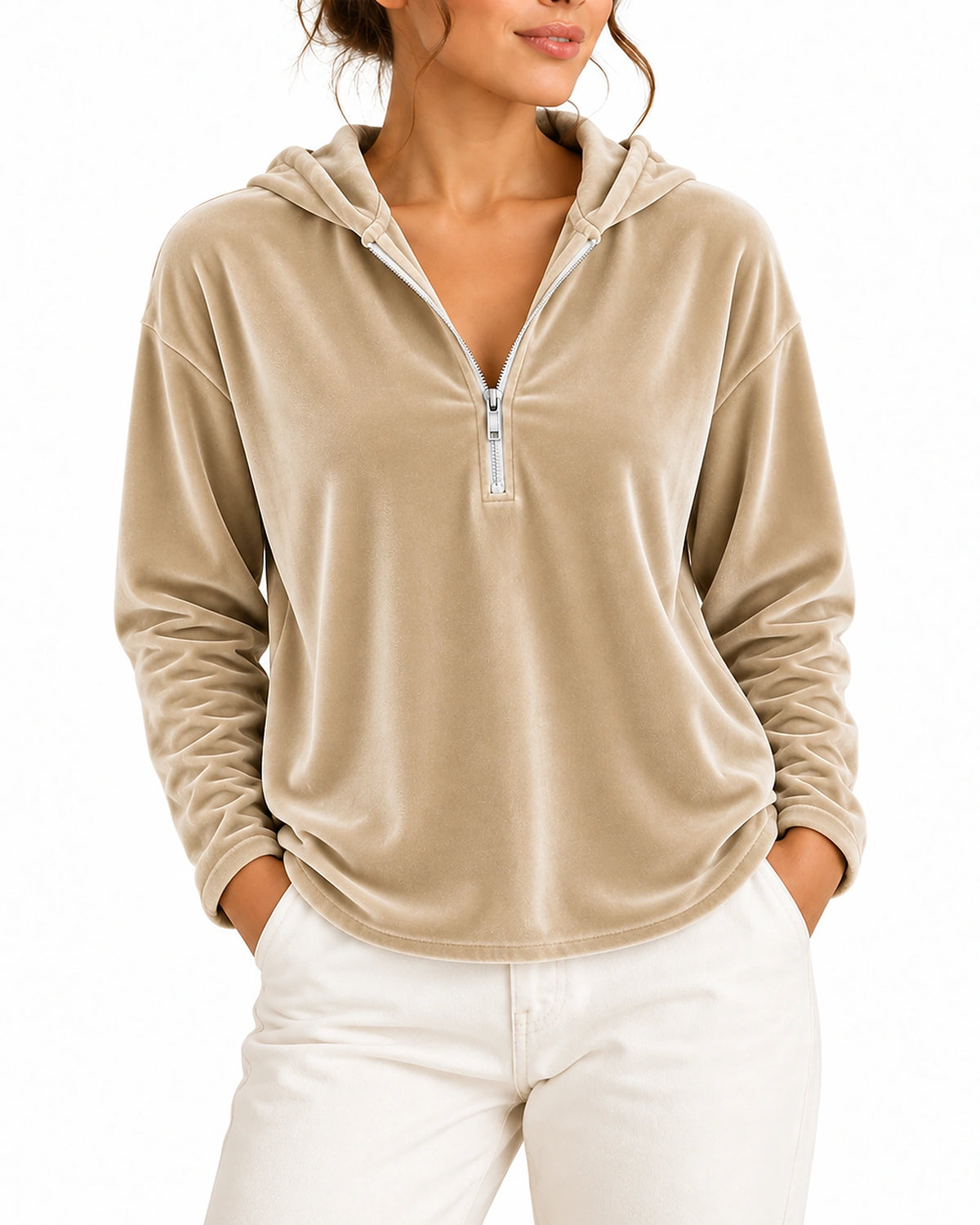 Women's Hoodie in Velvet with Quarter Zip and Long Sleeves, Curved Hem – Mila