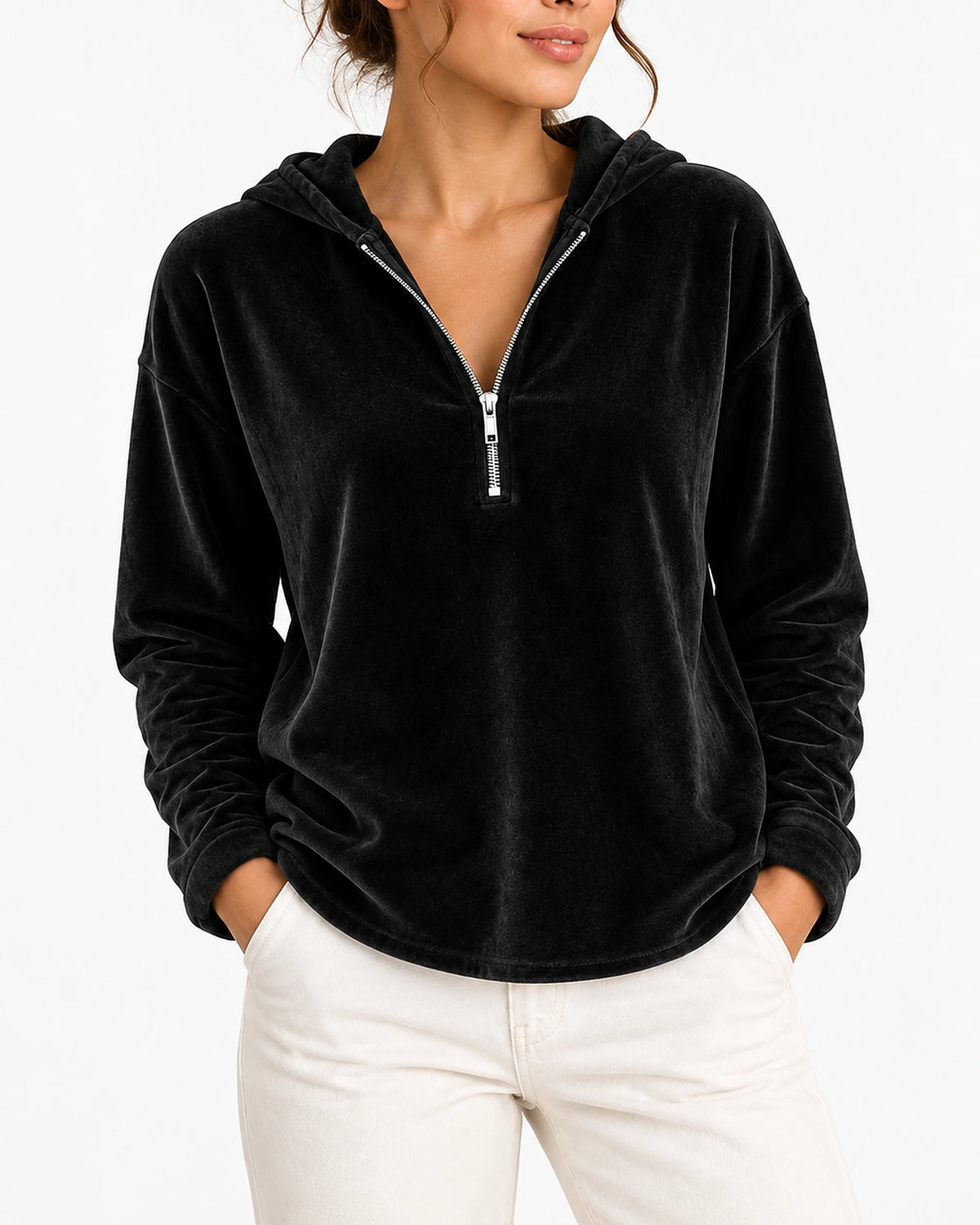 Women's Hoodie in Velvet with Quarter Zip and Long Sleeves, Curved Hem – Mila