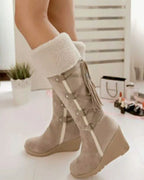 Women's Wedge Knee High Boots with Fold-Down Shearling-Effect Cuff – Kaia Grey