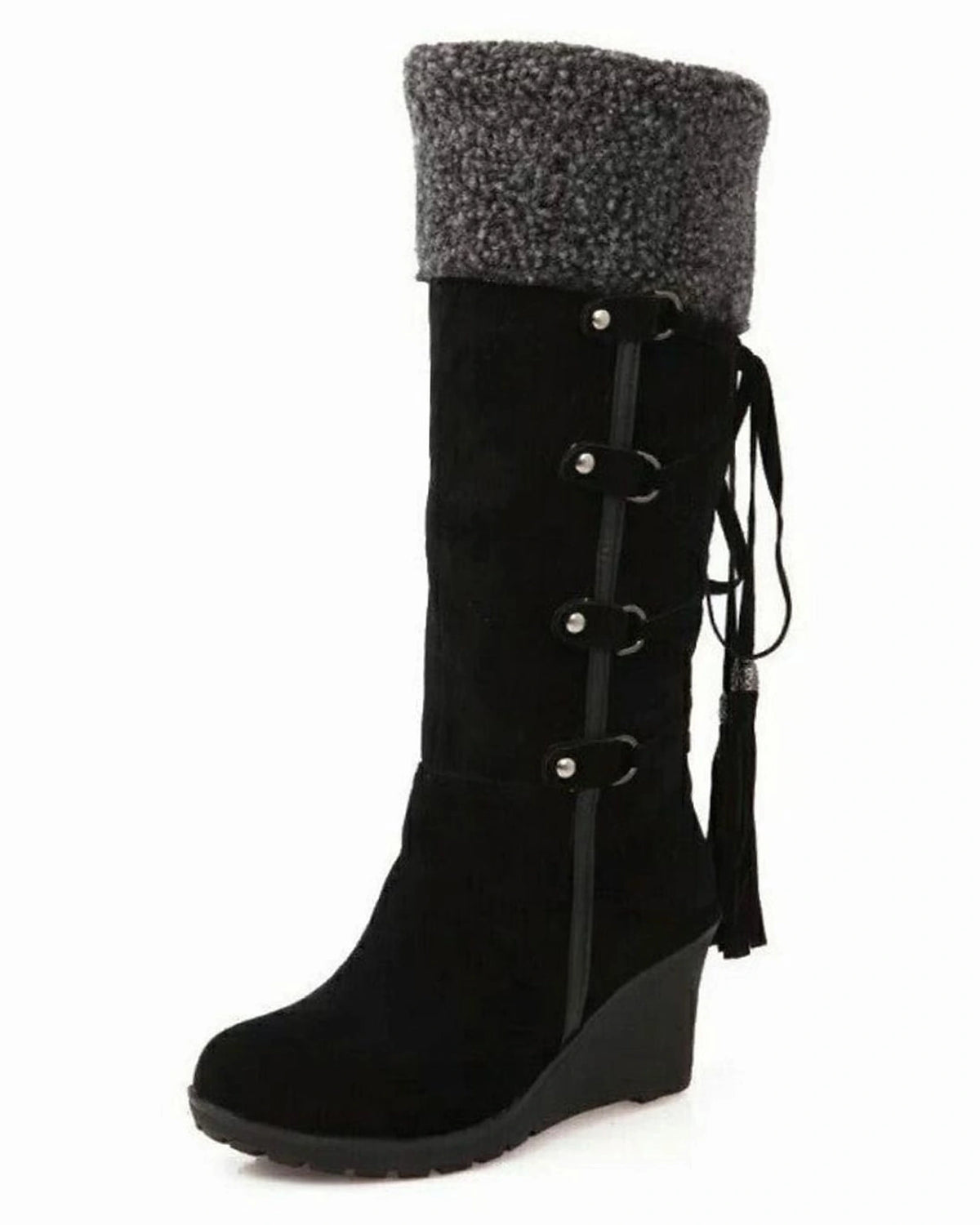 Women's Wedge Knee High Boots with Fold-Down Shearling-Effect Cuff – Kaia Grey
