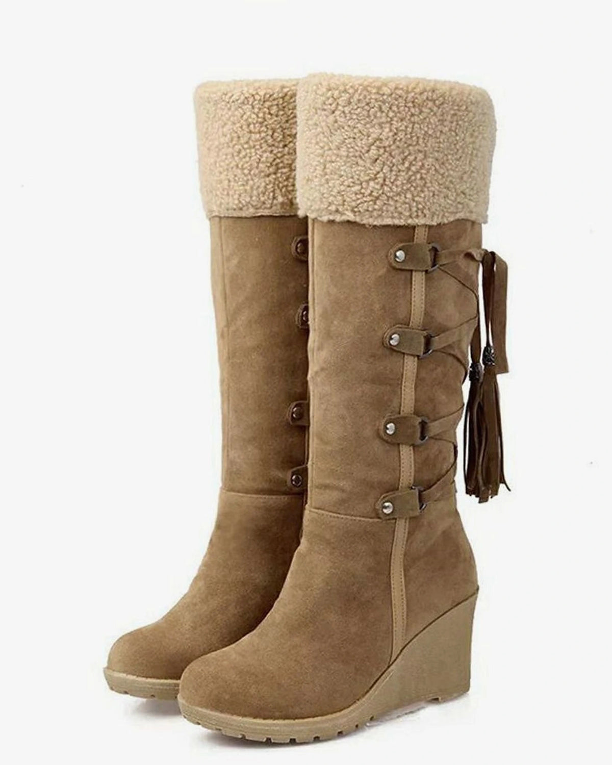 Women's Wedge Knee High Boots with Fold-Down Shearling-Effect Cuff – Kaia Grey