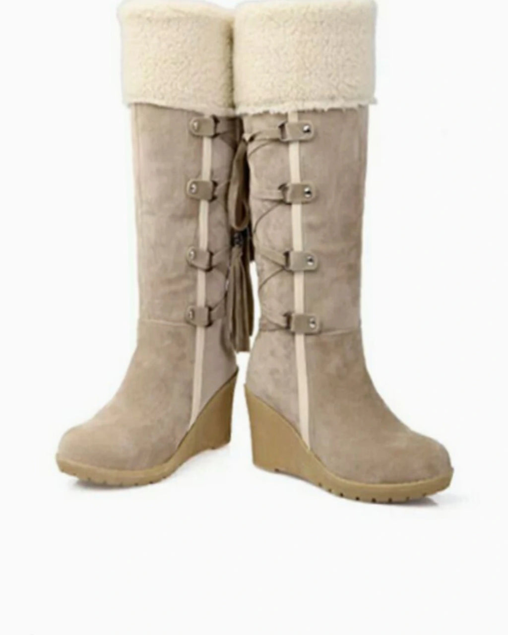 Women's Wedge Knee High Boots with Fold-Down Shearling-Effect Cuff – Kaia Grey