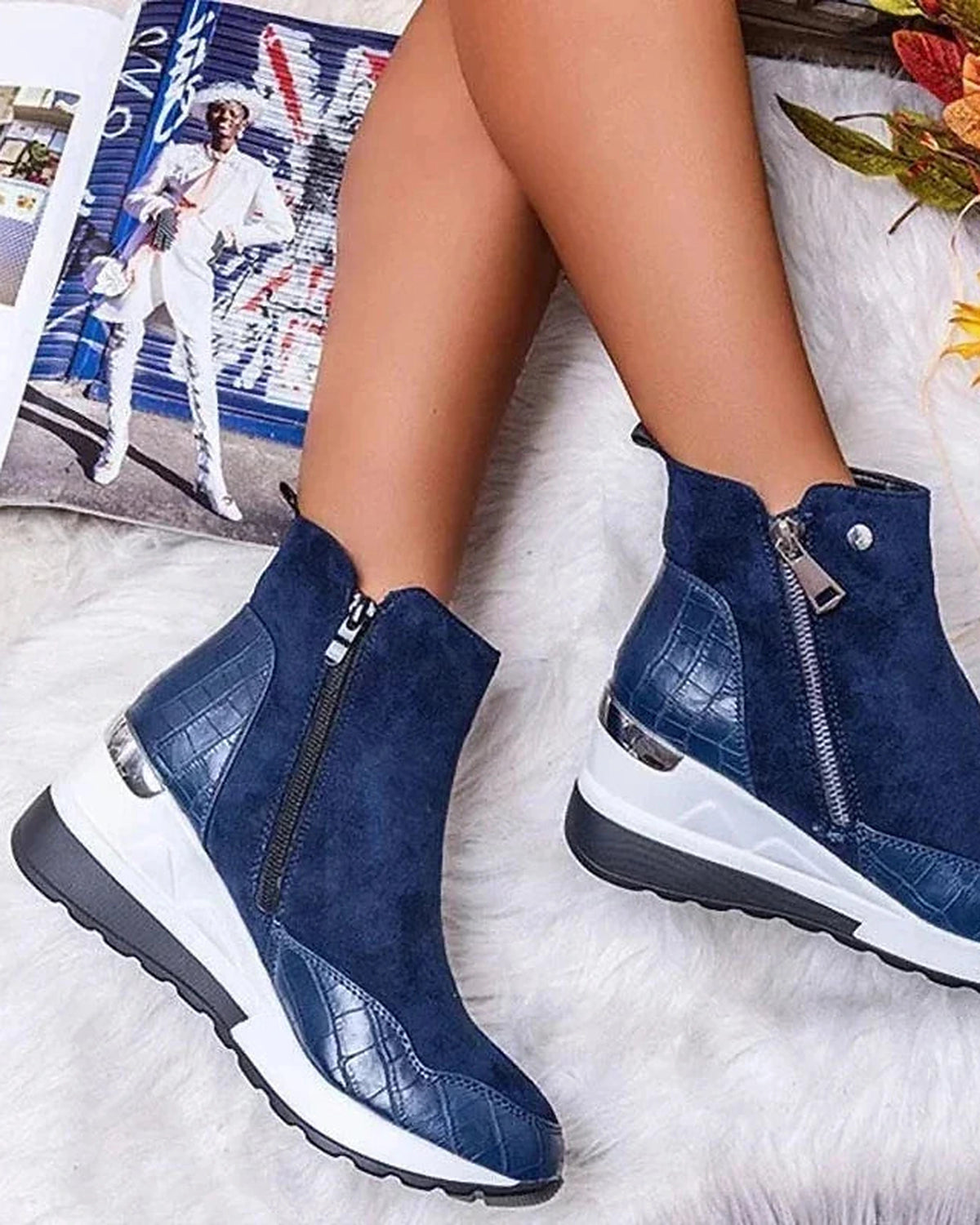 Women's Wedge Sneaker Ankle Boots with Side Zip and Croc-Effect Panel – Frankie Rose