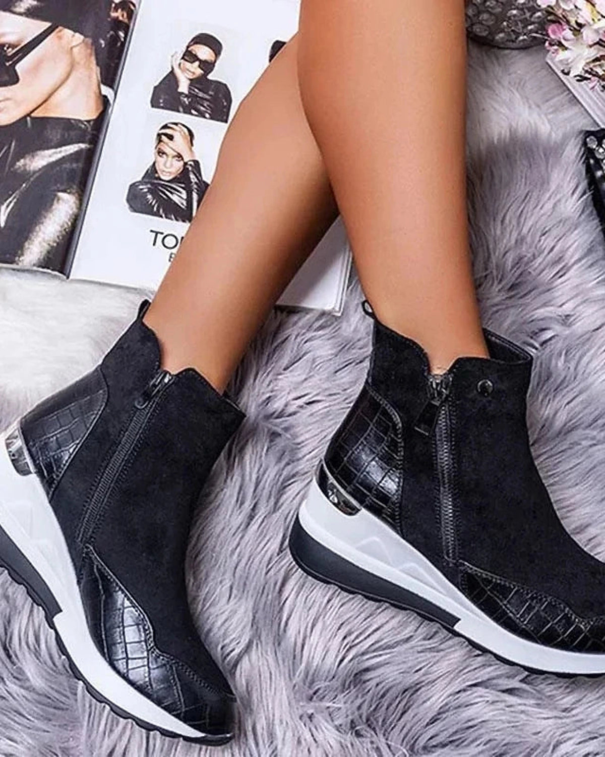 Women's Wedge Sneaker Ankle Boots with Side Zip and Croc-Effect Panel – Frankie Rose