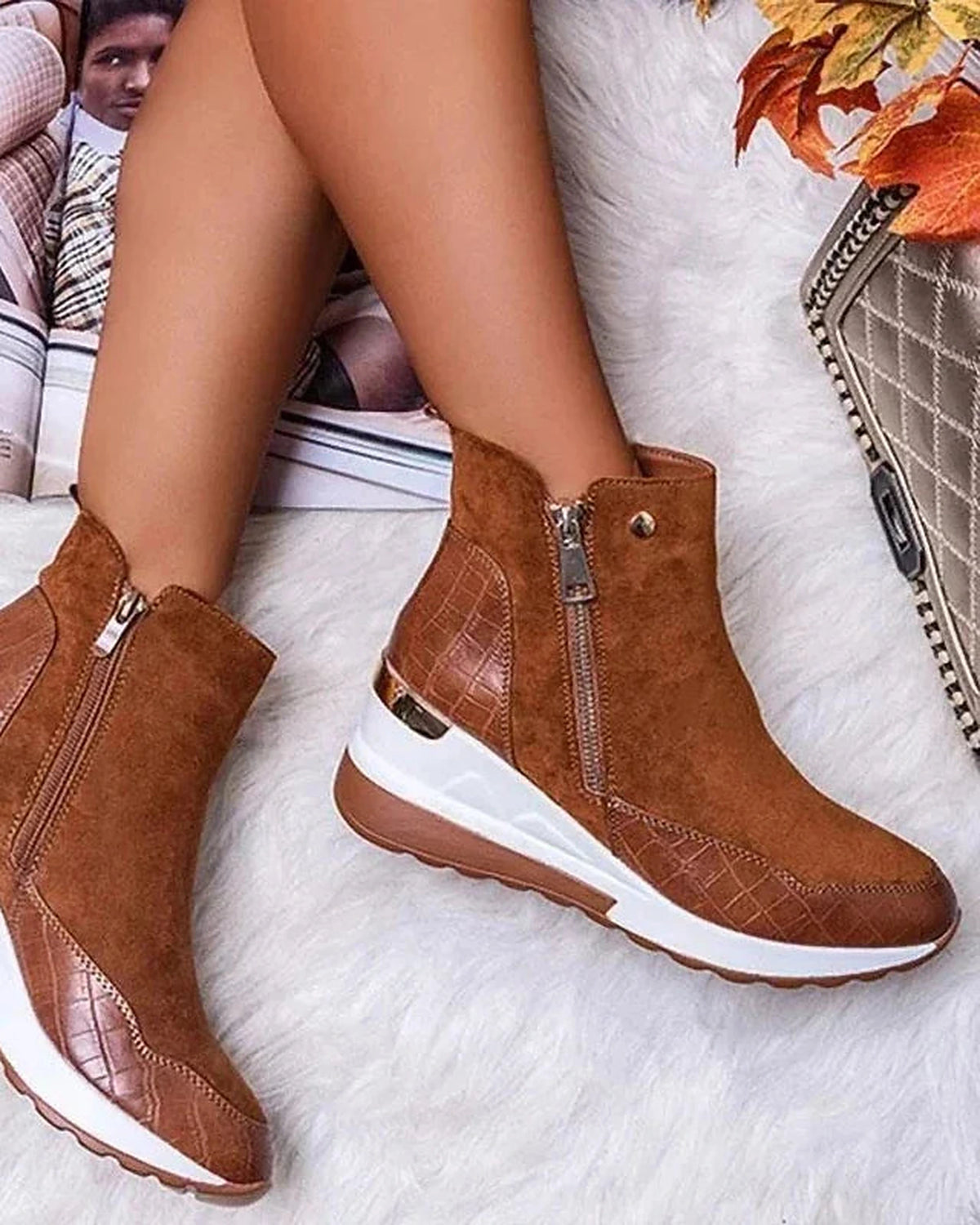 Women's Wedge Sneaker Ankle Boots with Side Zip and Croc-Effect Panel – Frankie Rose