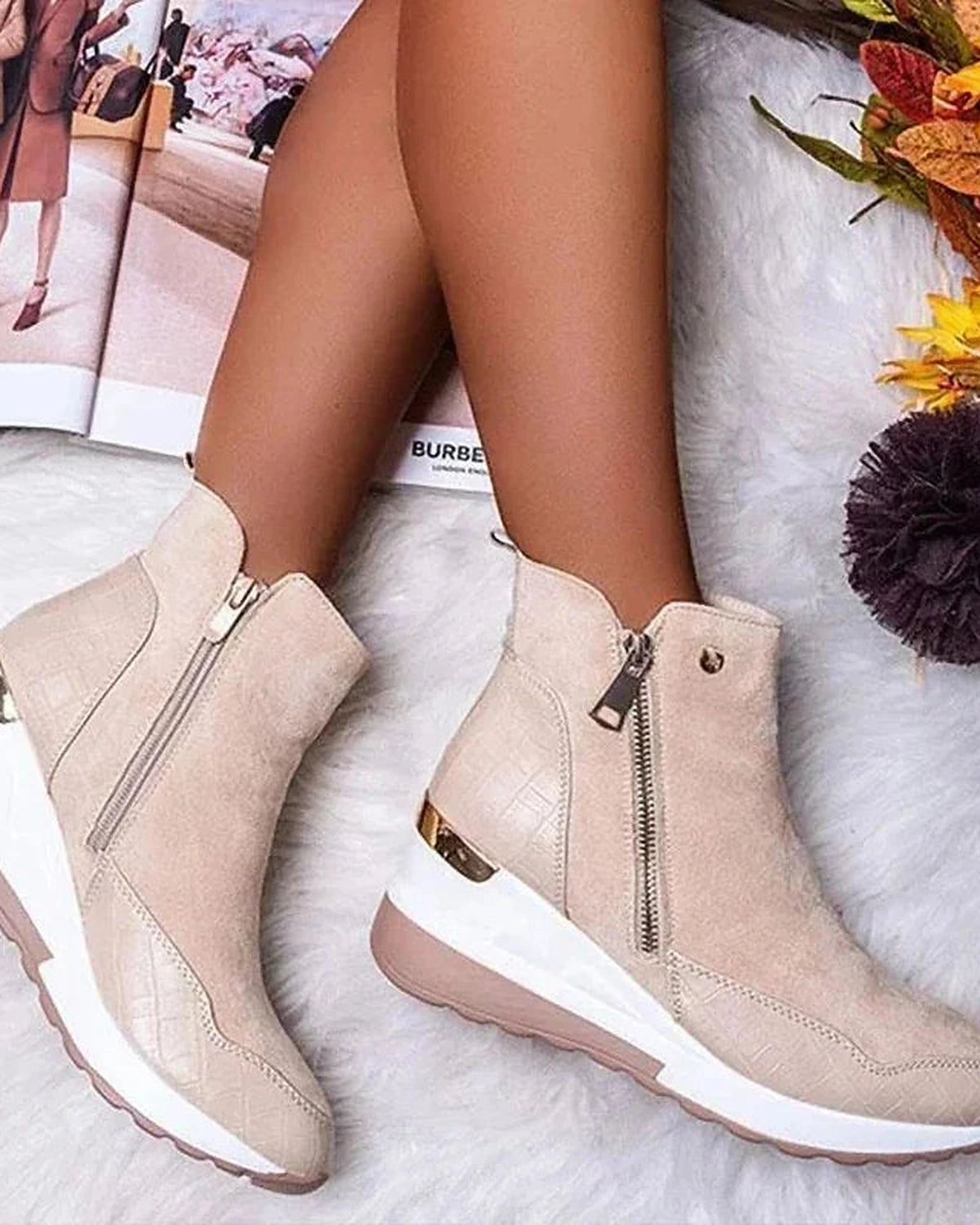 Women's Wedge Sneaker Ankle Boots with Side Zip and Croc-Effect Panel – Frankie Rose