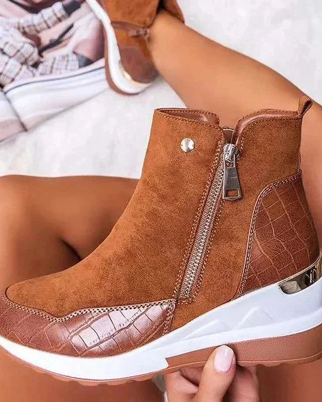 Women's Wedge Sneaker Ankle Boots with Side Zip and Croc-Effect Panel – Frankie Rose