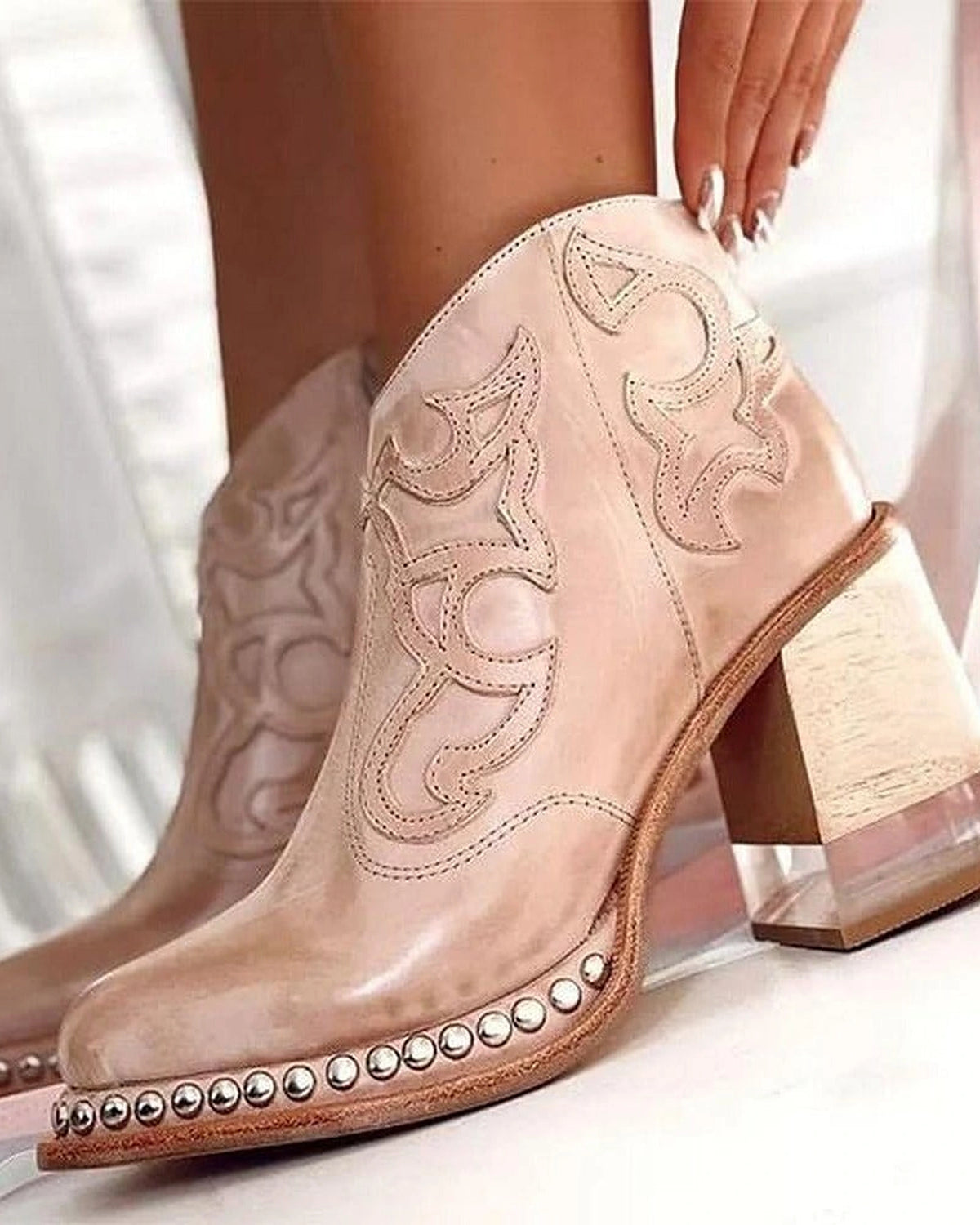 Women's Western-Style Studded Ankle Boots with Clear Block Heel – Cleo Grey