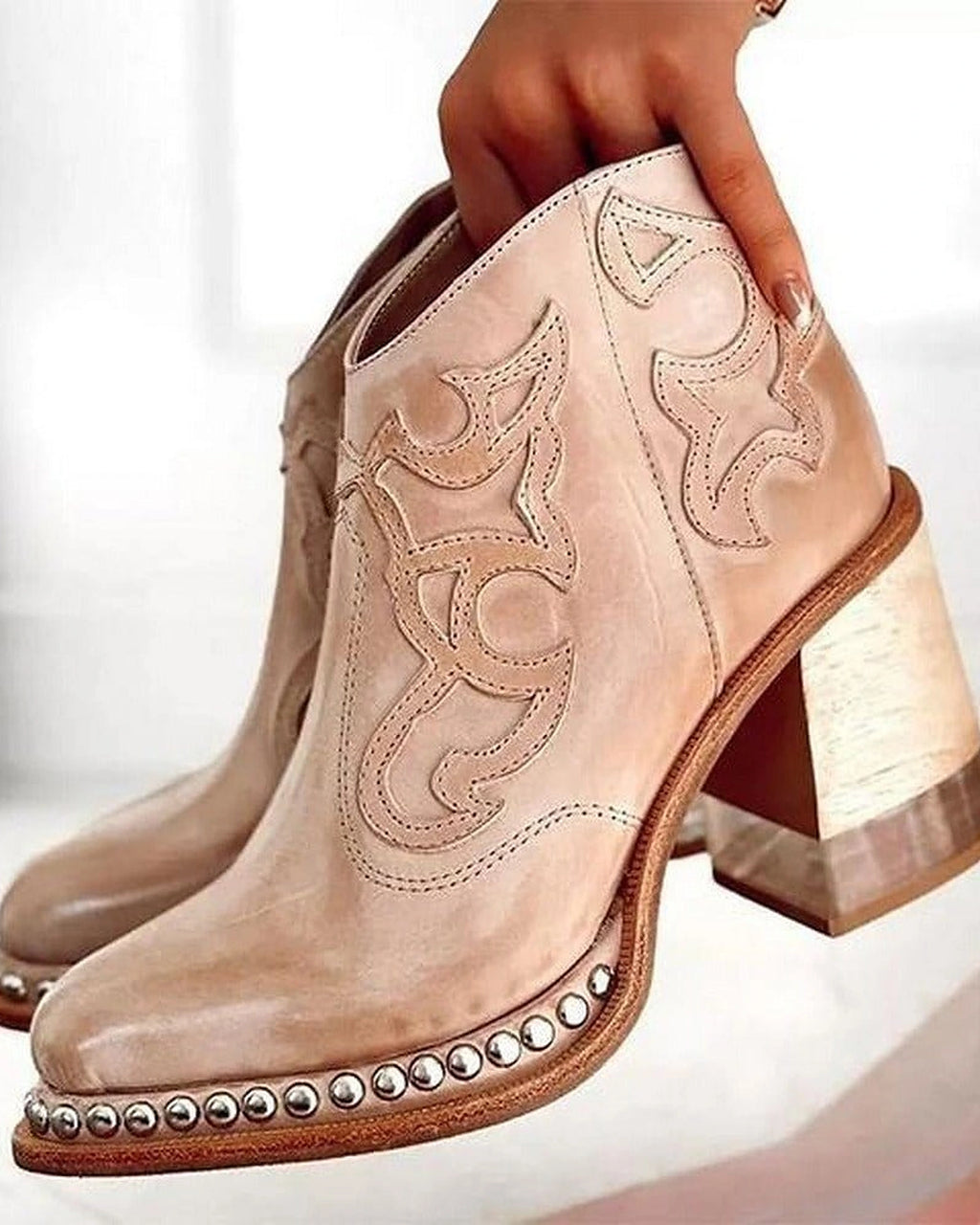 Women's Western-Style Studded Ankle Boots with Clear Block Heel – Cleo Grey