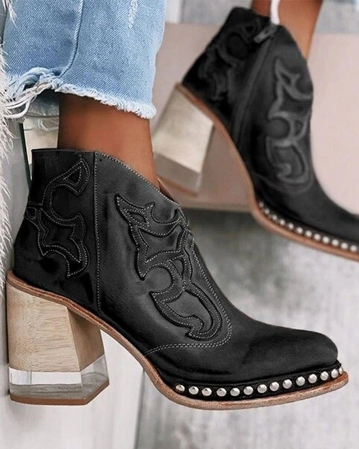 Women's Western-Style Studded Ankle Boots with Clear Block Heel – Cleo Grey