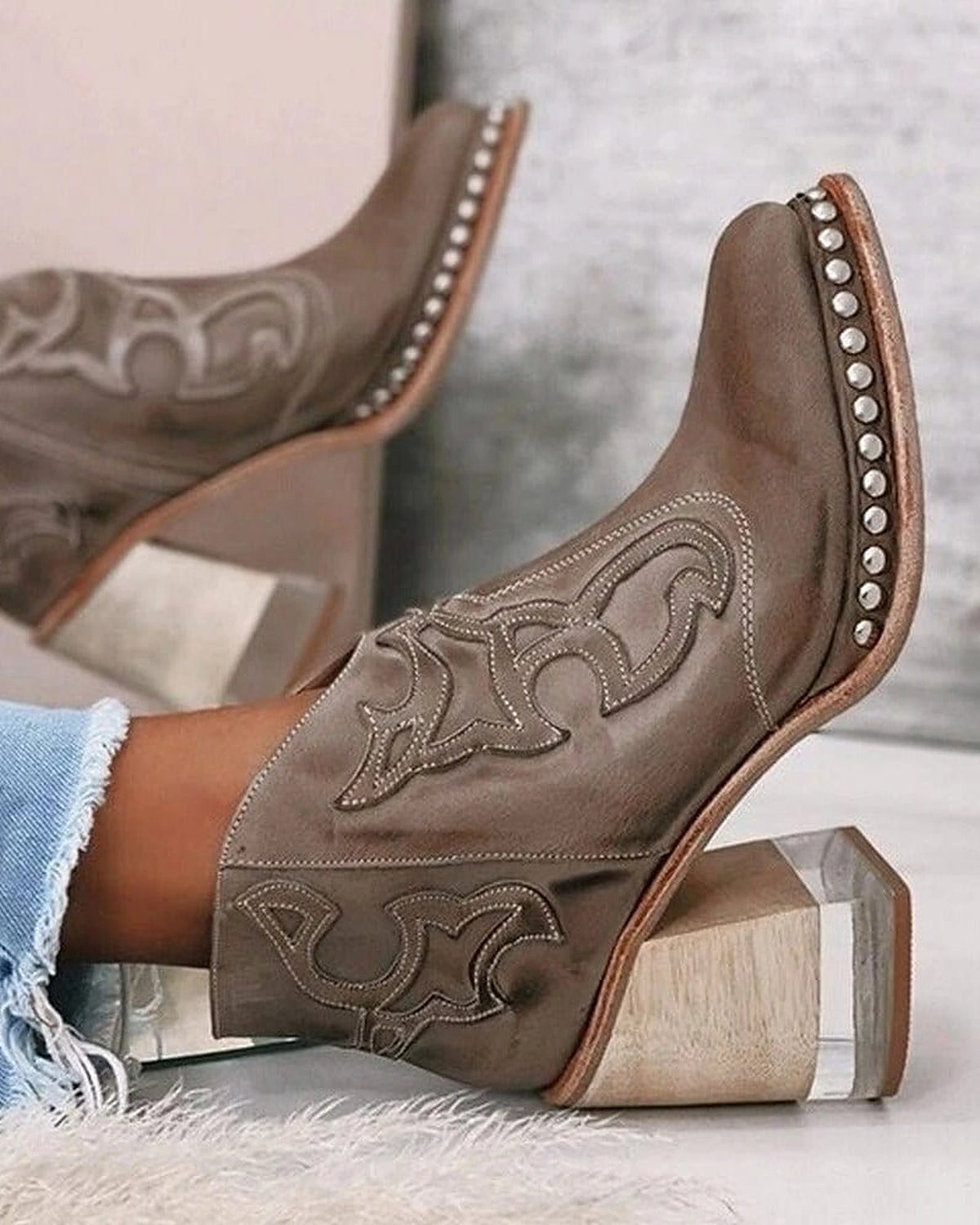 Women's Western-Style Studded Ankle Boots with Clear Block Heel – Cleo Grey