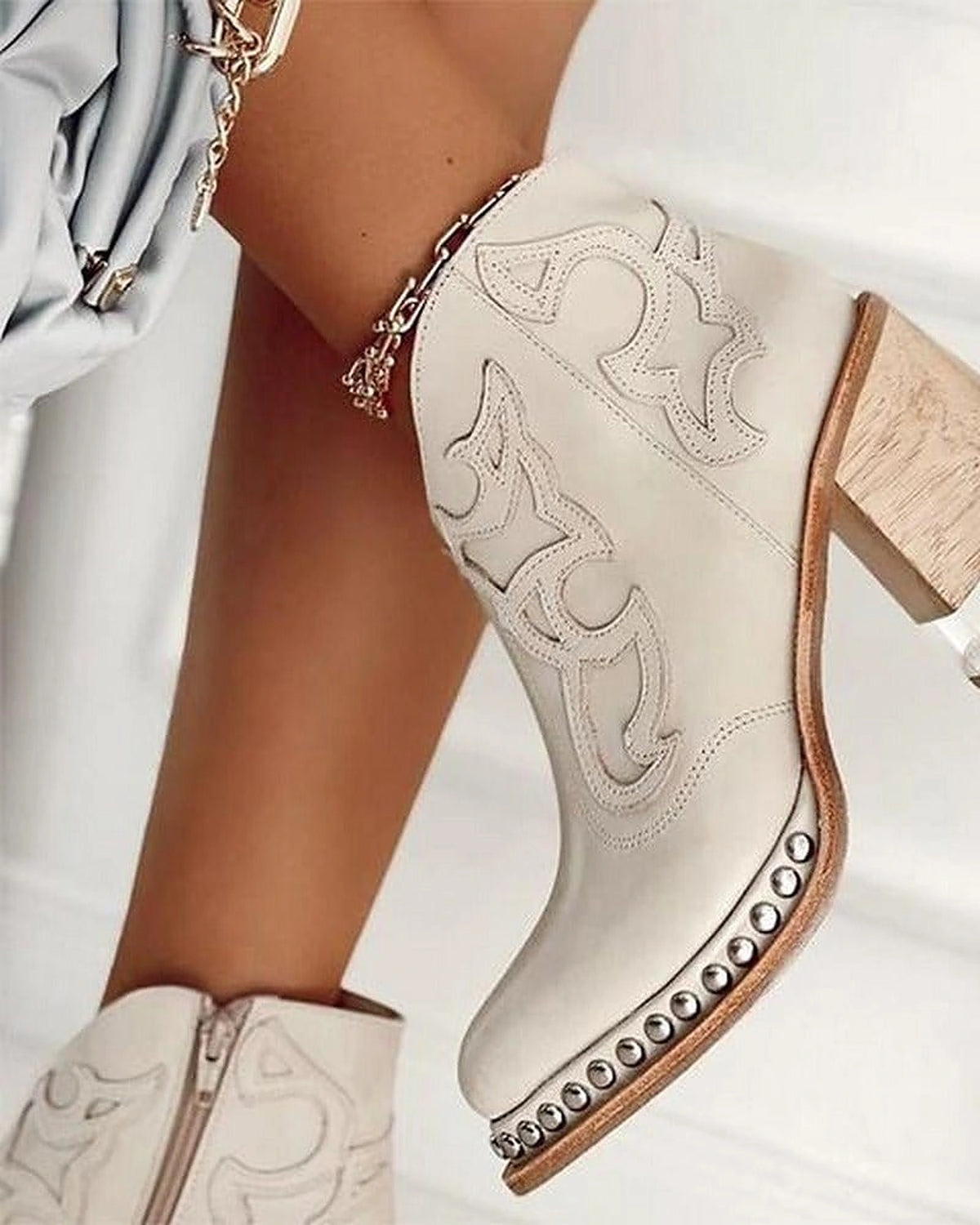 Women's Western-Style Studded Ankle Boots with Clear Block Heel – Cleo Grey