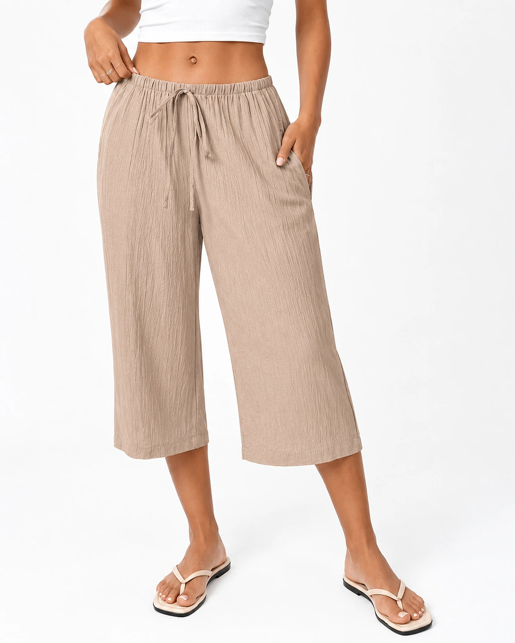 Women's Wide Leg Cropped Trousers with Elasticated Drawstring Waist – Tamsin Lou